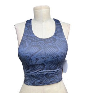 Allfenix Long Sports Bra Racerback Stretch Snake Animal Print Navy Blue Medium
